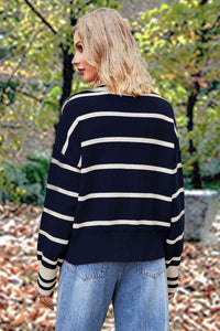 Micola Striped Collared Long Sleeve Sweater