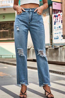 Lilac Distresssed Buttoned Loose Fit Jeans