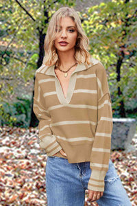 Micola Striped Collared Long Sleeve Sweater