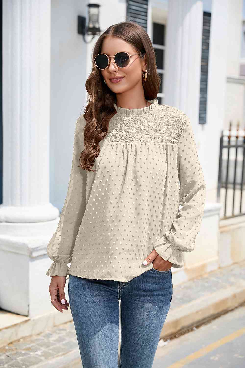 Stasia Smocked Mock Neck Swiss Dot Top