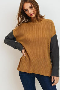 Mock Neck Color Block Sweater Knit Top - Black Petunia Ct