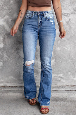 Isla Distressed Flared Jeans with Pockets