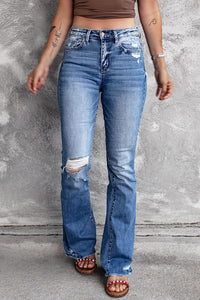 Isla Distressed Flared Jeans with Pockets