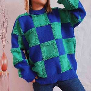 Pia Checkered Round Neck Long Sleeve Sweater