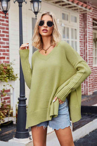 Maren V-Neck Slit Exposed Seam Sweater