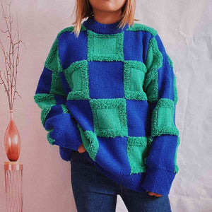 Pia Checkered Round Neck Long Sleeve Sweater