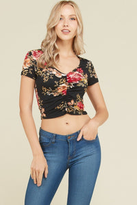 Black Floral Ruched Top - Black Petunia Ct