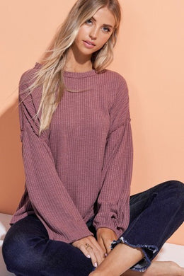 Ballon Sleeve Waffle Knit - Black Petunia Ct