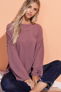 Ballon Sleeve Waffle Knit - Black Petunia Ct